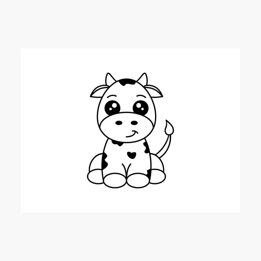 Black And White Cow 桌布 壁紙 — 一隻可愛的卡通牛，有大眼睛和心形斑點，在簡單的黑白線條畫中微笑坐著。