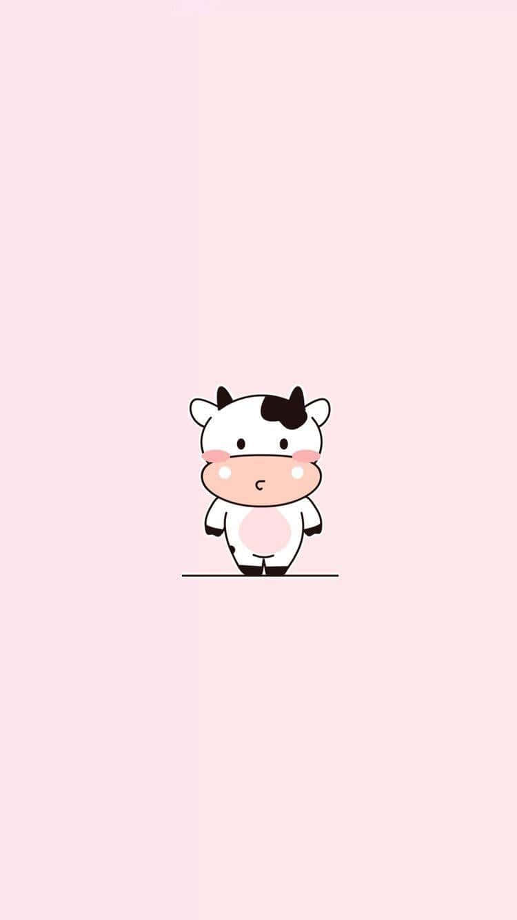 Kawaii Cow 桌布 壁紙 — 一隻可愛的卡通牛，有粉紅色的臉頰和黑色斑點，站在柔和的粉紅色背景中央。