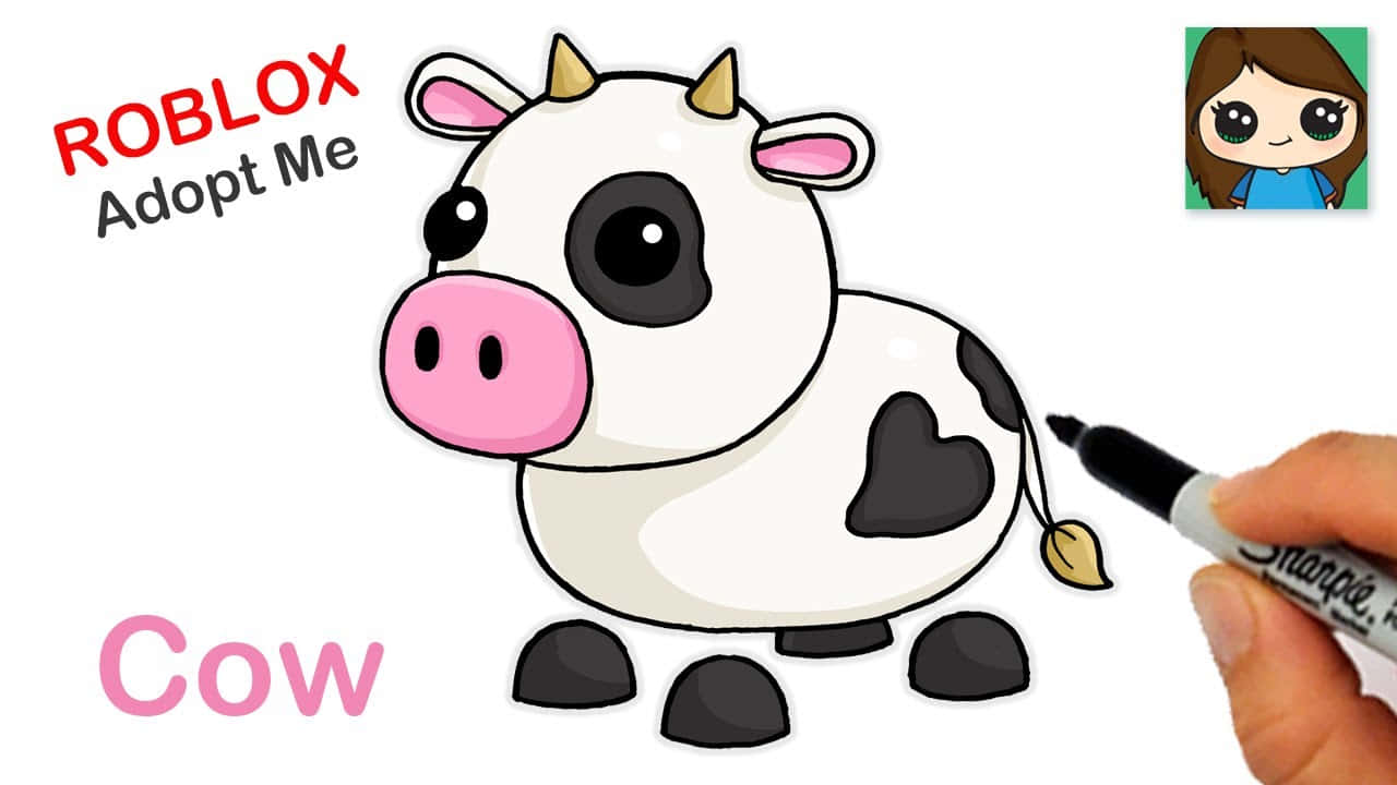 Roblox 桌布 壁紙 — 一隻可愛的卡通牛，有粉紅色鼻子和心形斑點，正在用Sharpie記號筆手繪。