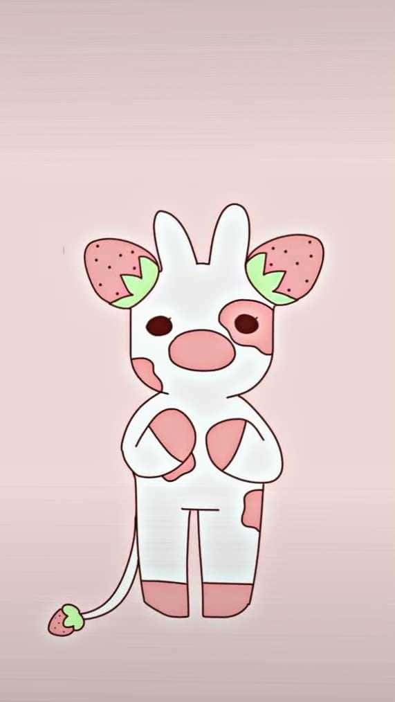 Cartoon Cow 桌布 壁紙 — 一隻可愛的卡通牛，有草莓耳朵和尾巴，站在柔和的粉紅色背景前。