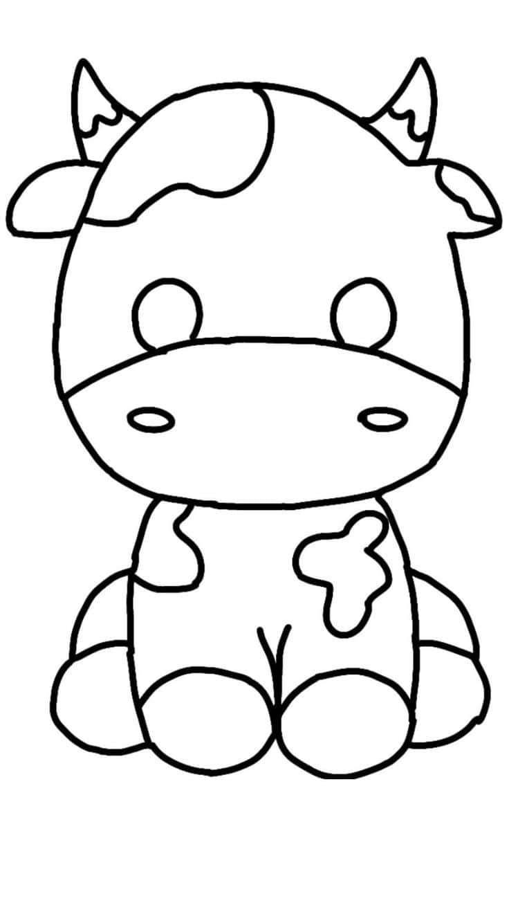 Easter Coloring 桌布 壁紙 — 一隻可愛的卡通牛，有角和斑點，坐在簡單的黑色輪廓畫中。