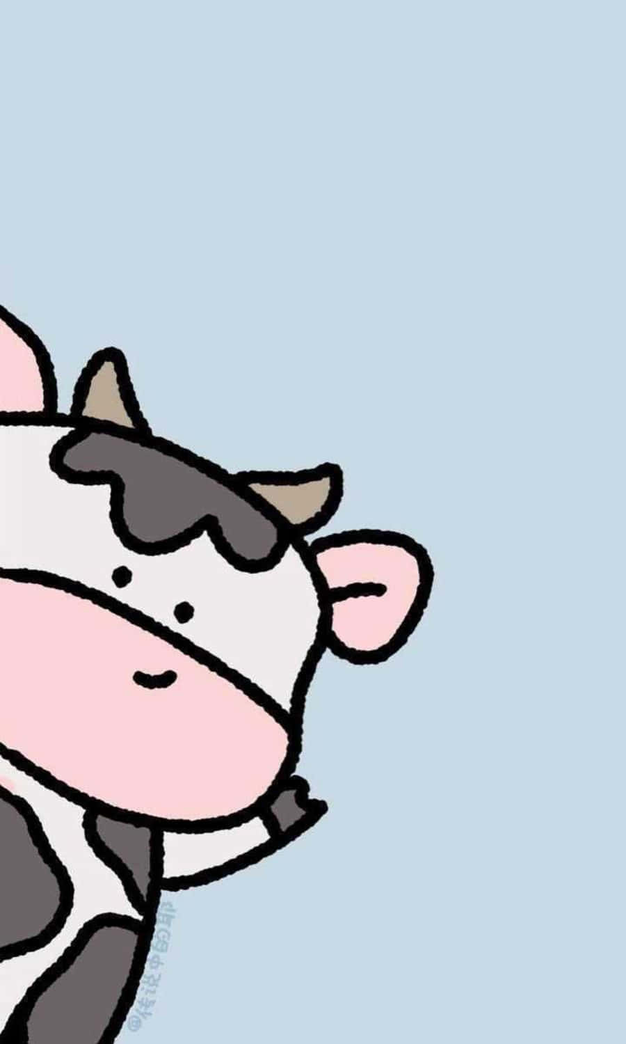 Kawaii Cute Cow 桌布 壁紙 — 一隻可愛的卡通牛，粉紅臉頰和黑色斑點，從左邊探出頭來，背景是柔和的藍色。
