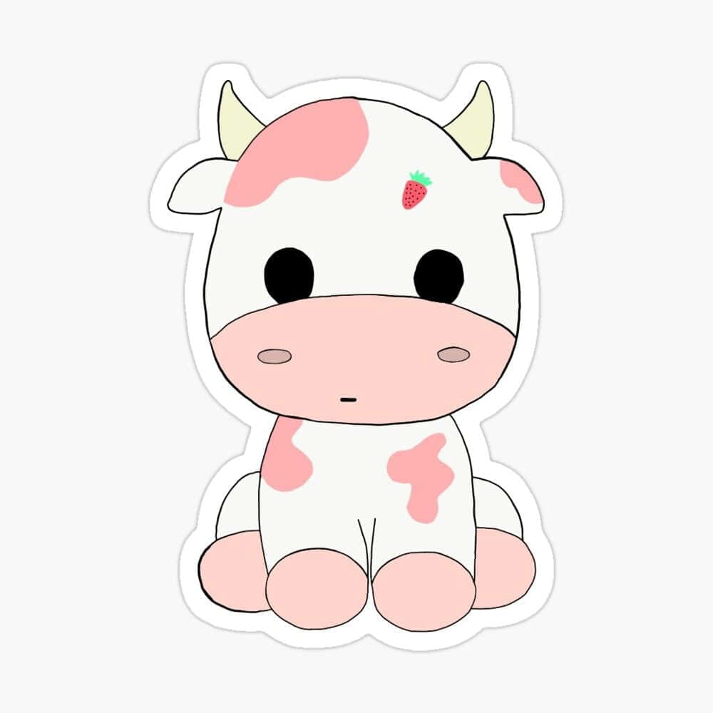 Kawaii Cow 桌布 壁紙 — 一隻可愛的卡通牛，身上有粉紅色斑點，額頭上有一顆草莓，坐在簡單的白色背景前。