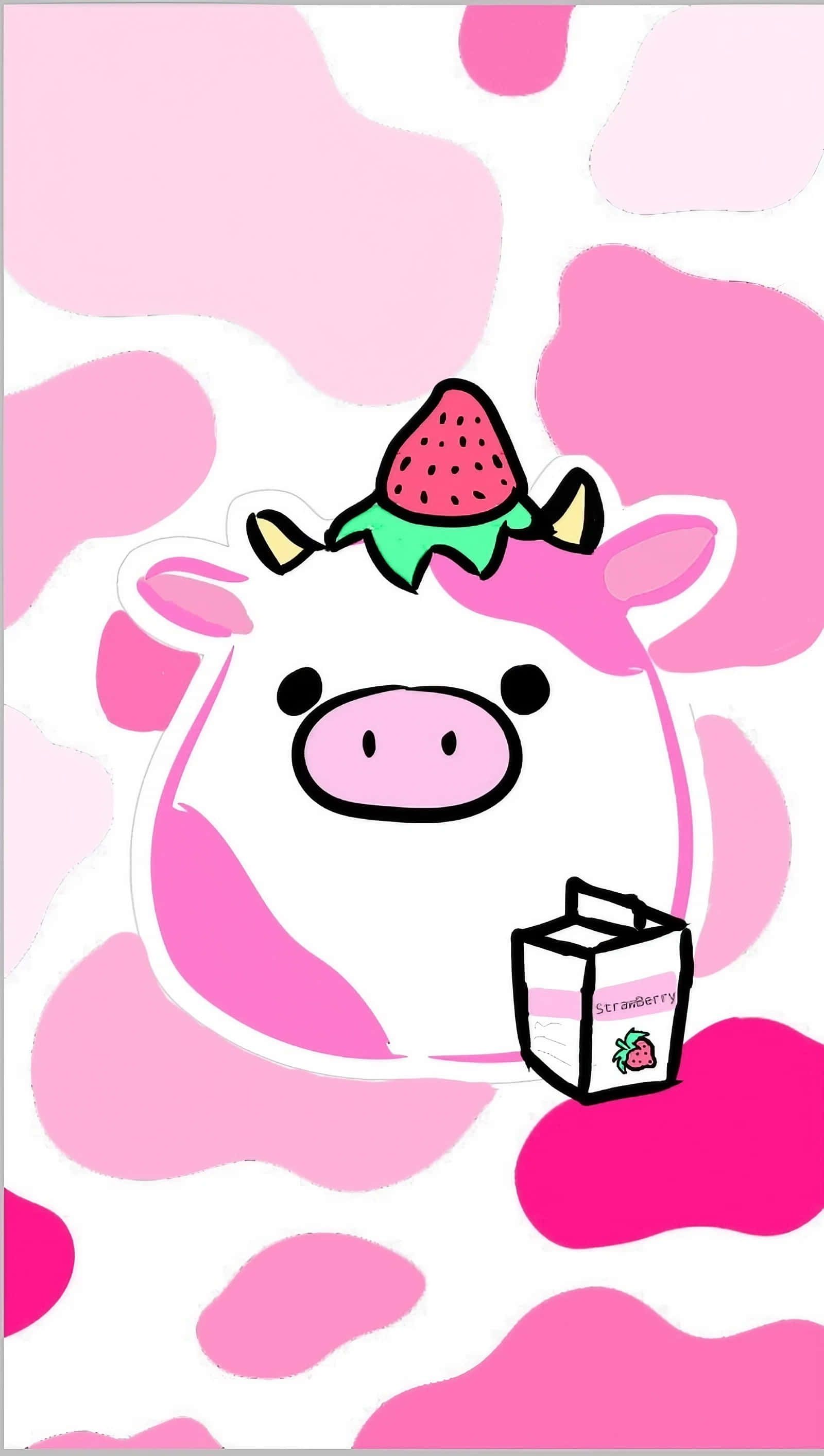 Strawberry Cow 桌布 壁紙 — 一隻可愛的卡通牛，身上有粉紅色斑點，頭上頂著一顆草莓，拿著一盒草莓牛奶，背景是粉紅色和白色的抽象設計。