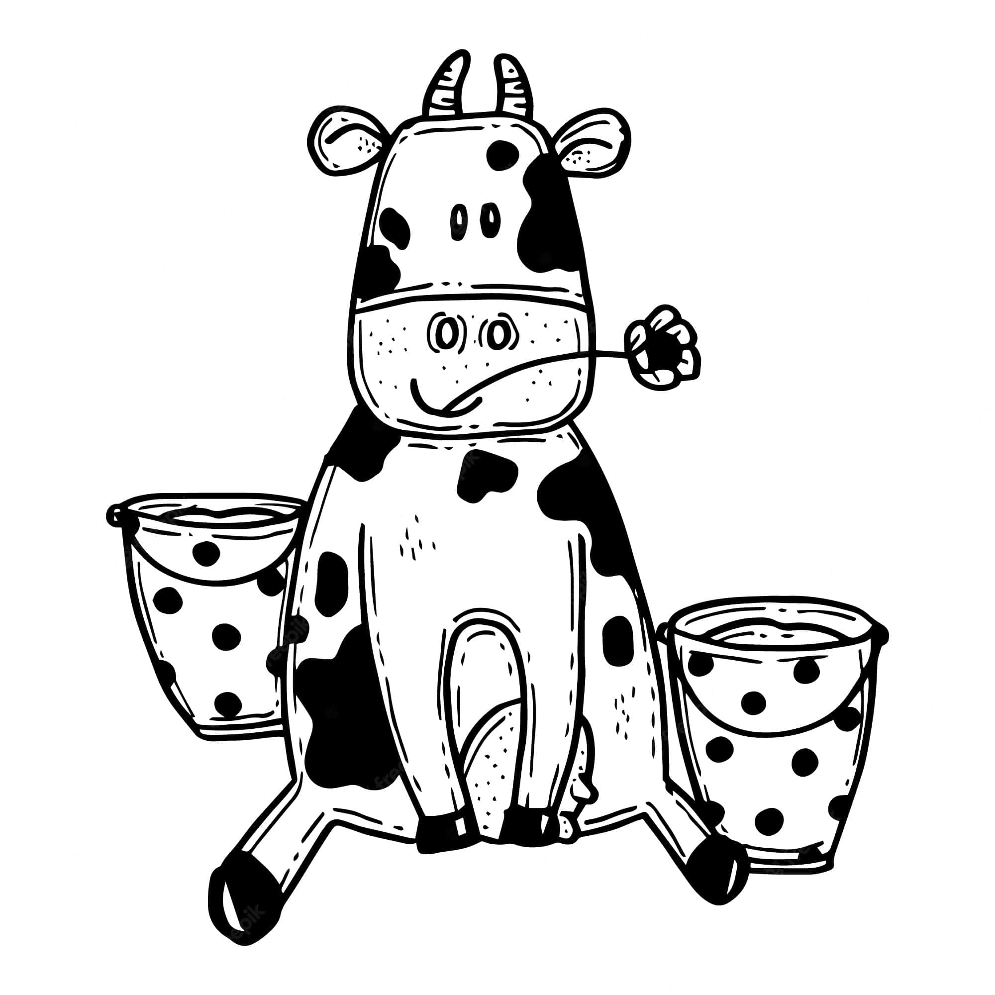 Black And White Cow 桌布 壁紙 — 一隻可愛的卡通牛，身上有黑色斑點，坐著拿著兩個有斑點的牛奶桶，表情愉快。