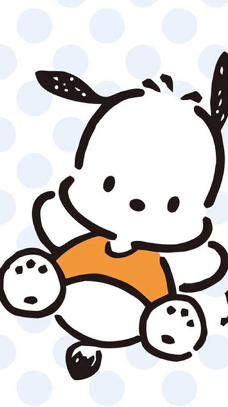 Pochacco 桌布 壁紙 — 一隻可愛的卡通牛，身上有黑色斑點，穿著橙色襯衫，開心地坐在淺藍色圓點背景上。