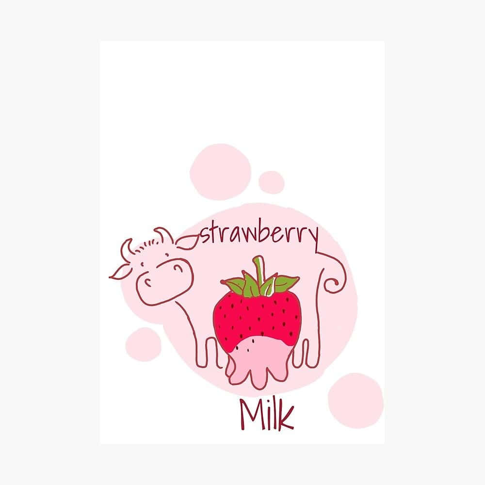 Kawaii Cow 桌布 壁紙 — 一隻可愛的卡通牛，身體是草莓，帶有牛奶文字，背景是柔和的粉紅色泡泡。