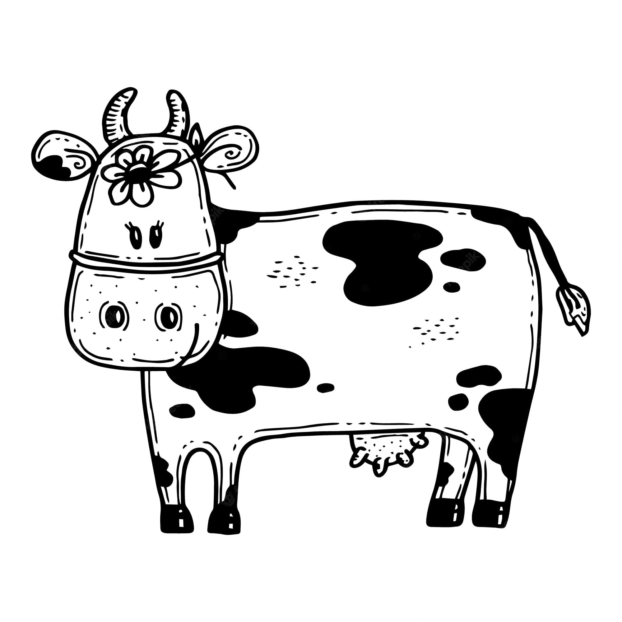 Black And White Cow 桌布 壁紙 — 一隻可愛的卡通牛，頭上有朵花，以簡單黑白線條風格繪製。