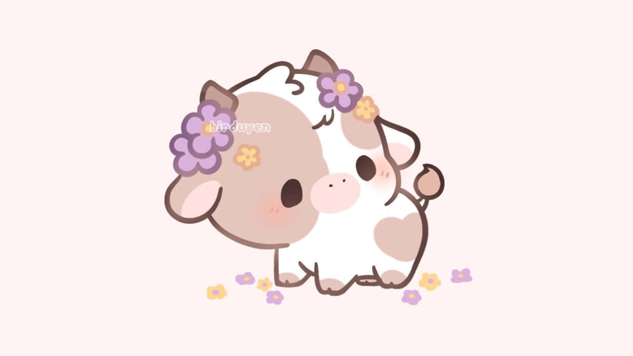 Kawaii Cow 桌布 壁紙 — 一隻可愛的卡通牛，頭上有紫色和黃色的花朵，坐在柔軟粉紅色背景上散落的花瓣中。