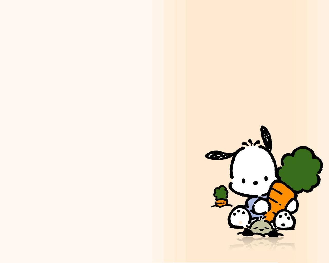 Pochacco 桌布 壁紙 — 一隻可愛的卡通牛拿著一根巨大的胡蘿蔔，旁邊有一根小胡蘿蔔，背景是柔和的米色。