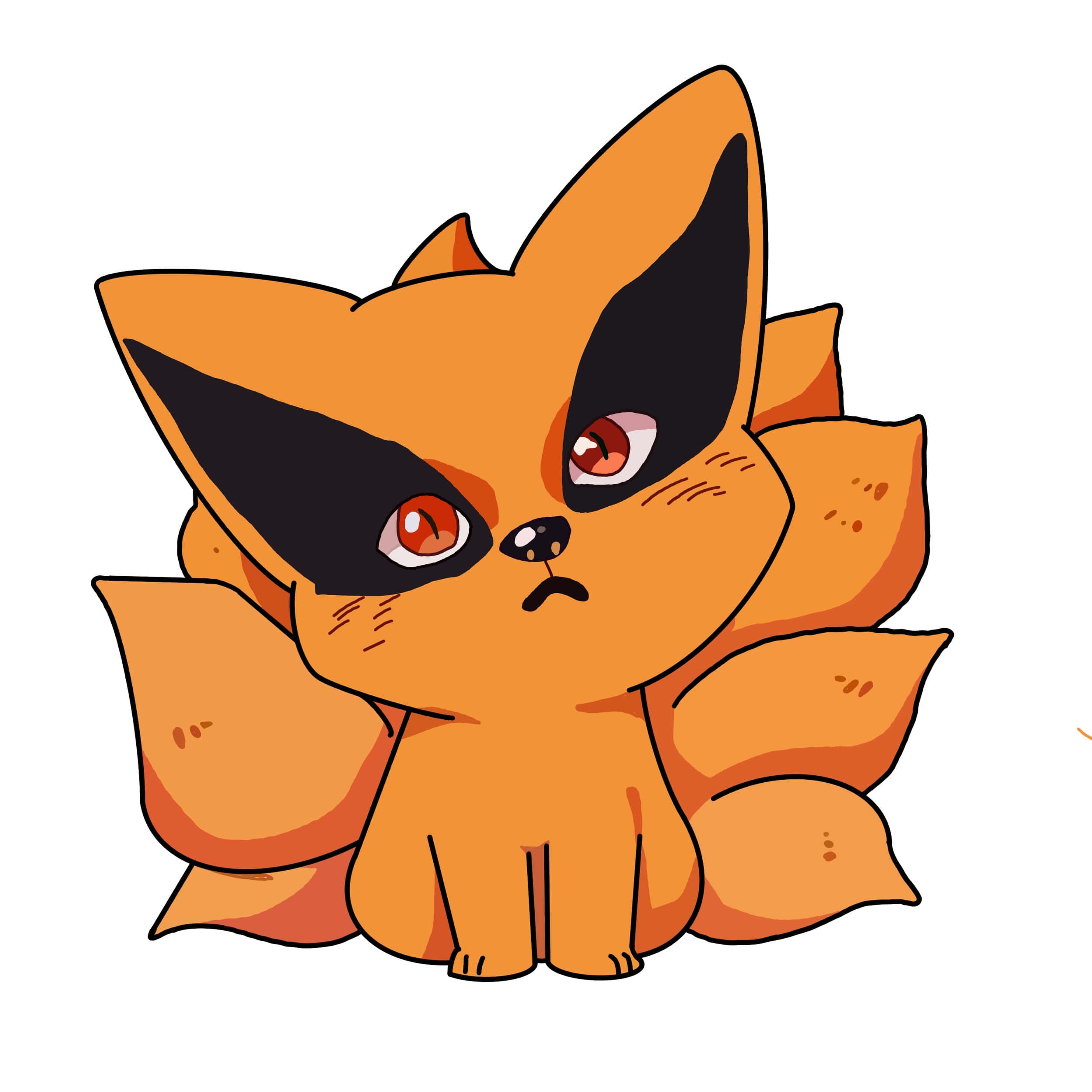 Baby Kurama 桌布 壁紙 — 一隻可愛的卡通狐狸，有九條橙色尾巴和黑色斑紋，坐著時表情不悅。