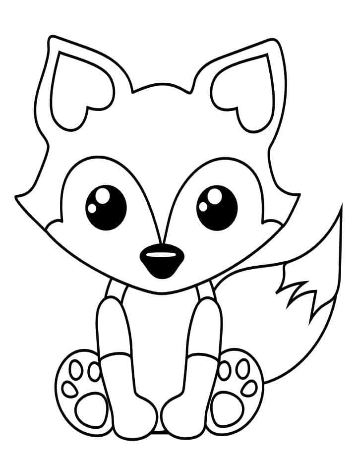 Cute Coloring 桌布 壁紙 — 一隻可愛的卡通狐狸，有心形耳朵和大眼睛，坐著等待上色。