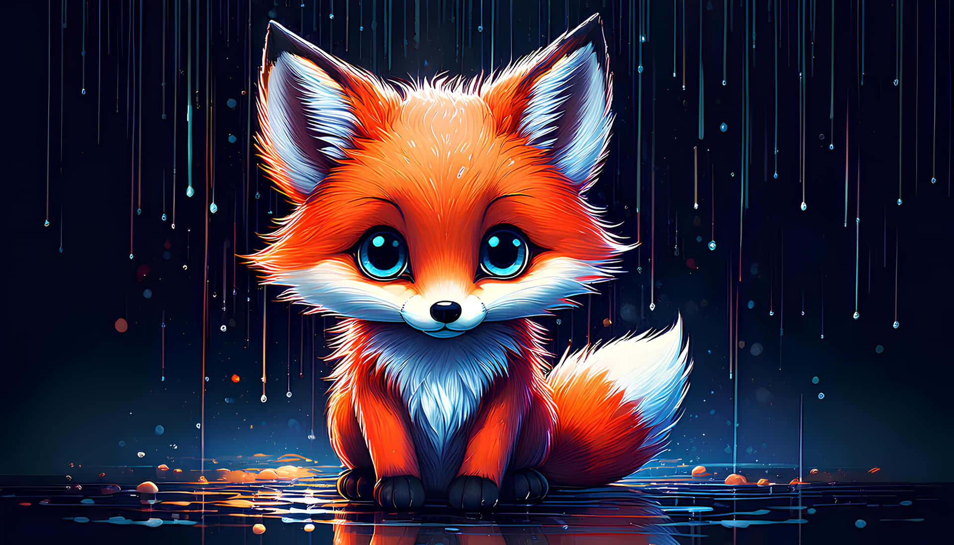 Baby fox 壁紙 — 一隻可愛的卡通狐狸，有著大大的藍色眼睛，坐在雨中，下方是發光的條紋，背景是深色反光表面。
