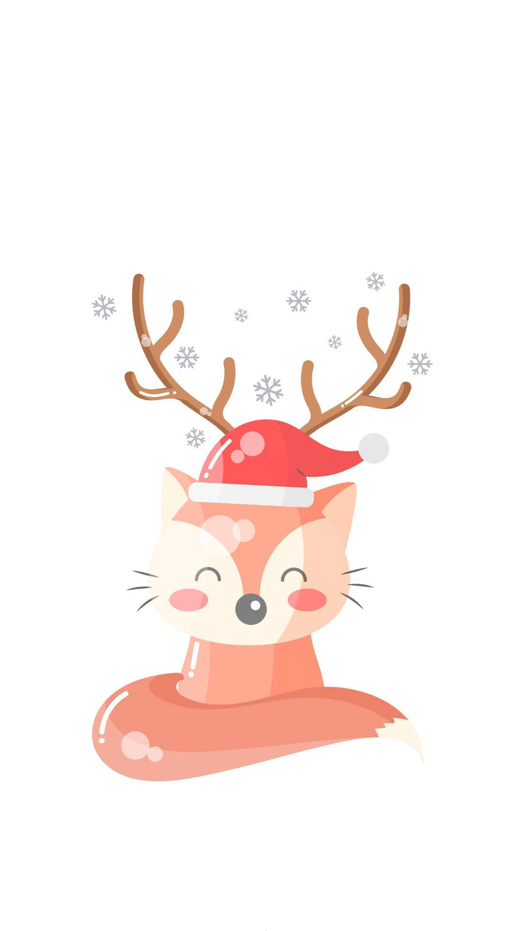 Kawaii Christmas 桌布 壁紙 — 一隻可愛的卡通狐狸，長著鹿角，戴著聖誕帽，微笑著，雪花在它周圍飄落。