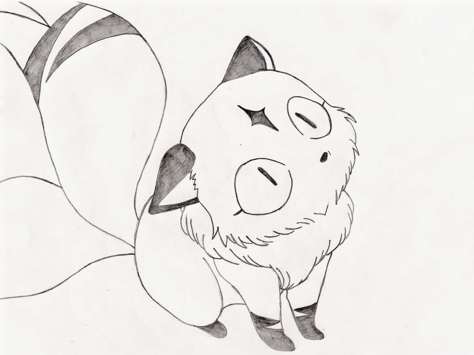Kirara 桌布 壁紙 — 一隻可愛的卡通狐狸，閉著眼睛，鼻子呈星形，靜靜地坐著，蓬鬆的尾巴蜷曲在身邊。
