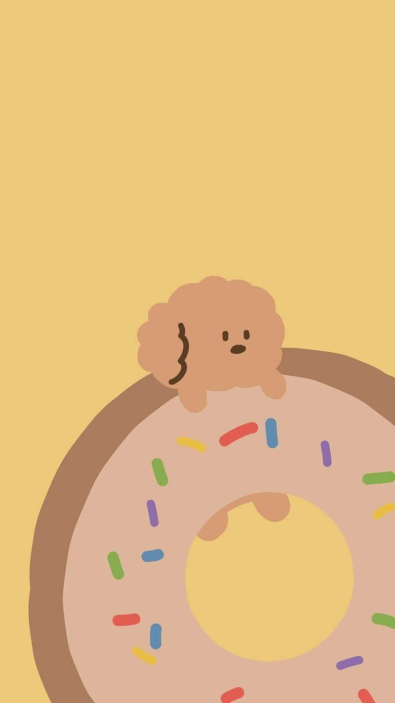 Cute Donut 桌布 壁紙 — 一隻可愛的卡通狗，捲毛，從一個巨大的、撒滿彩色糖粒的甜甜圈上方探出頭來，背景是純黃色。