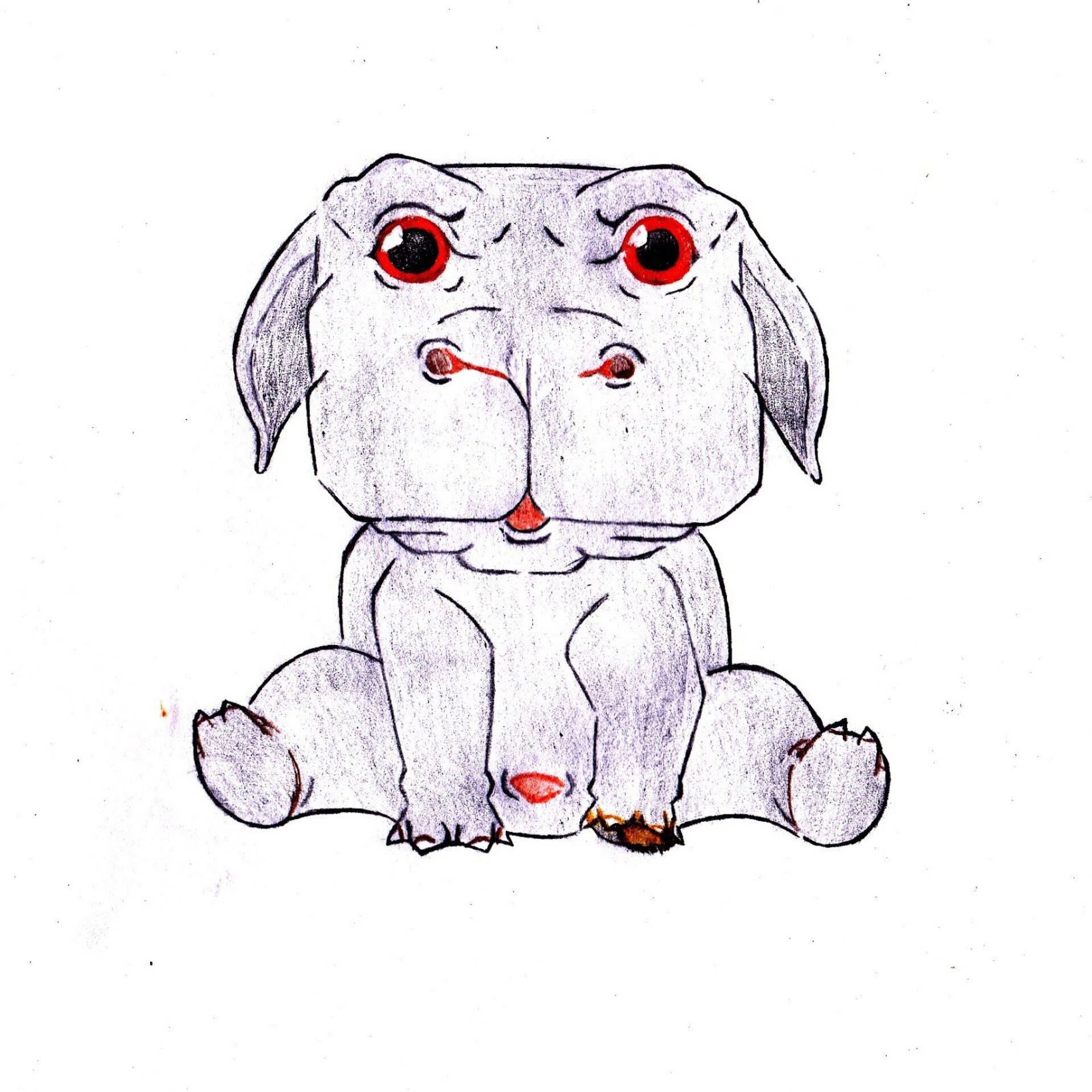 okja 桌布 壁紙 — 一隻可愛的卡通狗，有紅色的眼睛和紅色的鼻子，坐在白色背景上，表情悲傷。