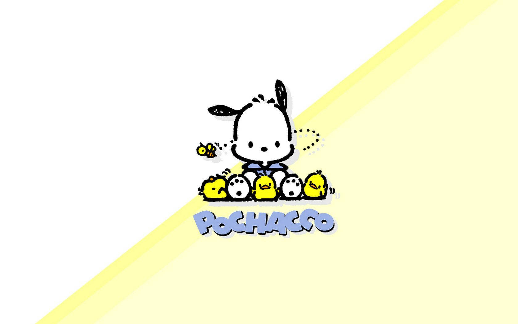 Pochacco 桌布 壁紙 — 一隻可愛的卡通狗，黑色耳朵，坐在五隻黃色小雞上面，附近有一隻蜜蜂嗡嗡作響，背景是黃白相間的斜線。