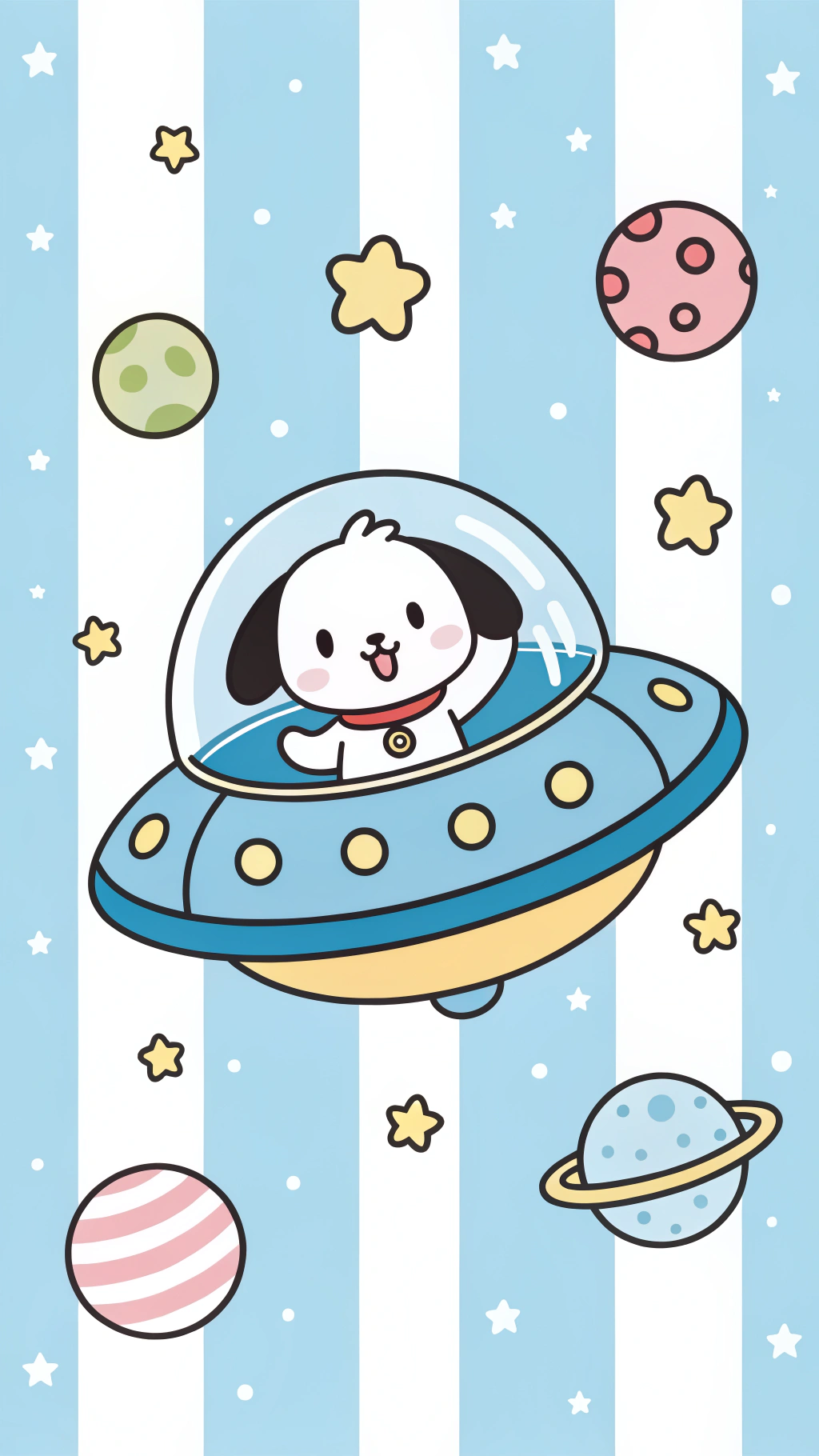 sanrio 桌布 壁紙 — 一隻可愛的卡通狗在藍色UFO中漂浮在色彩繽紛的行星和星星之間，背景是藍白條紋。