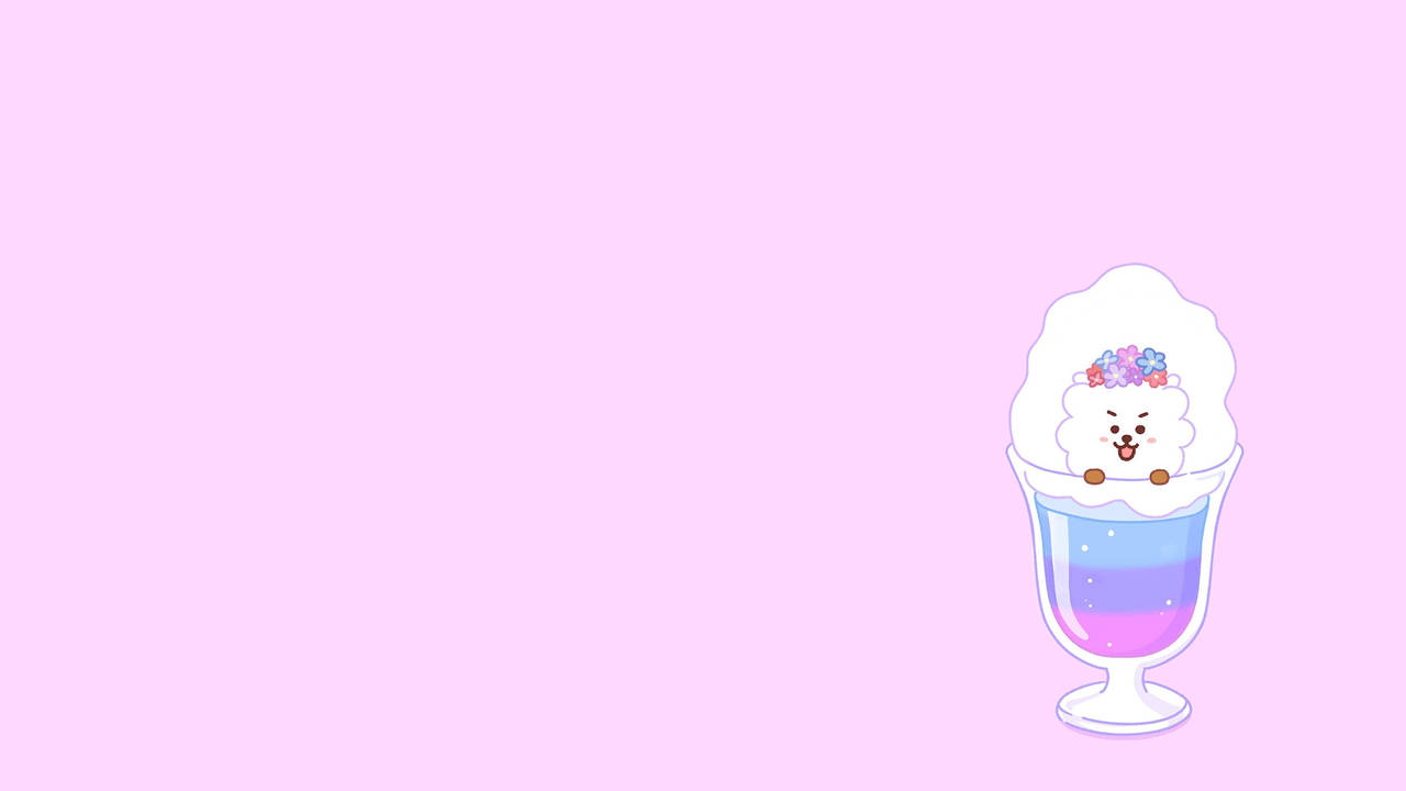 rj bt21 桌布 壁紙 — 一隻可愛的卡通狗從一杯分層的紫色和藍色奶昔中探出頭來，上面有鮮奶油和花朵。