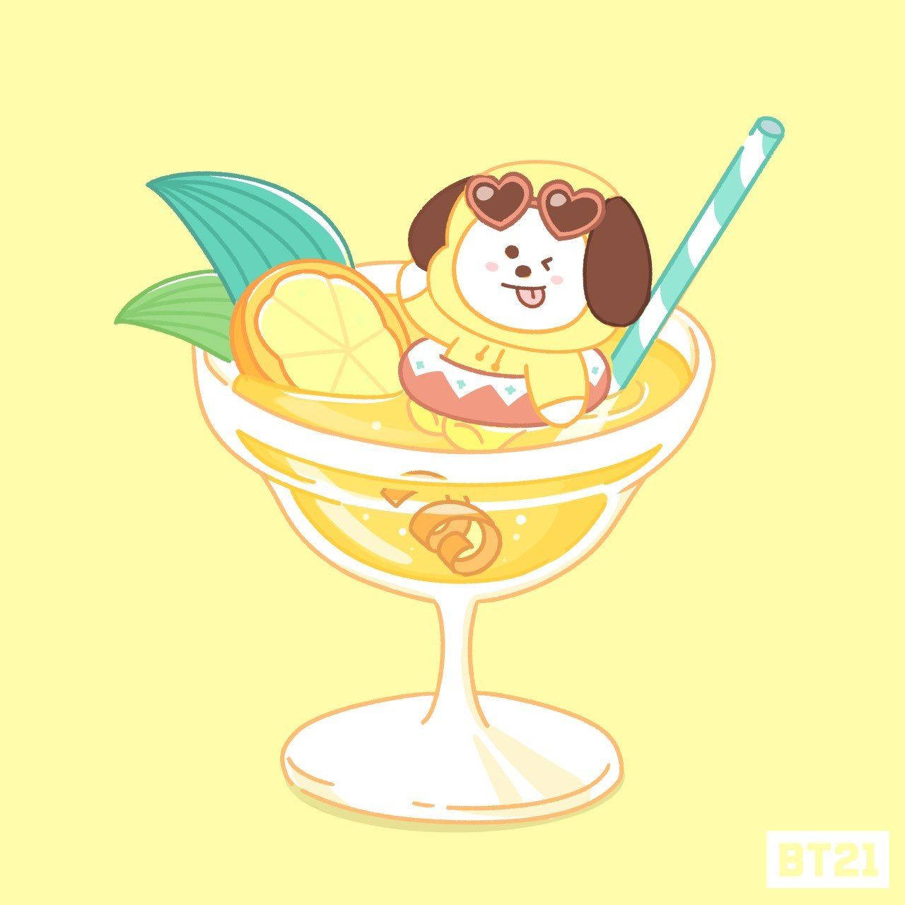 Chimmy 桌布 壁紙 — 一隻可愛的卡通狗戴著心形太陽眼鏡，快樂地漂浮在裝有檸檬和薄荷的瑪格麗特杯中。