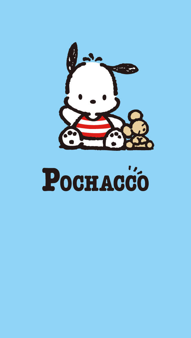 Pochacco 桌布 壁紙 — 一隻可愛的卡通狗穿著紅白條紋襯衫，坐在純淺藍色背景上的一隻小泰迪熊旁邊。
