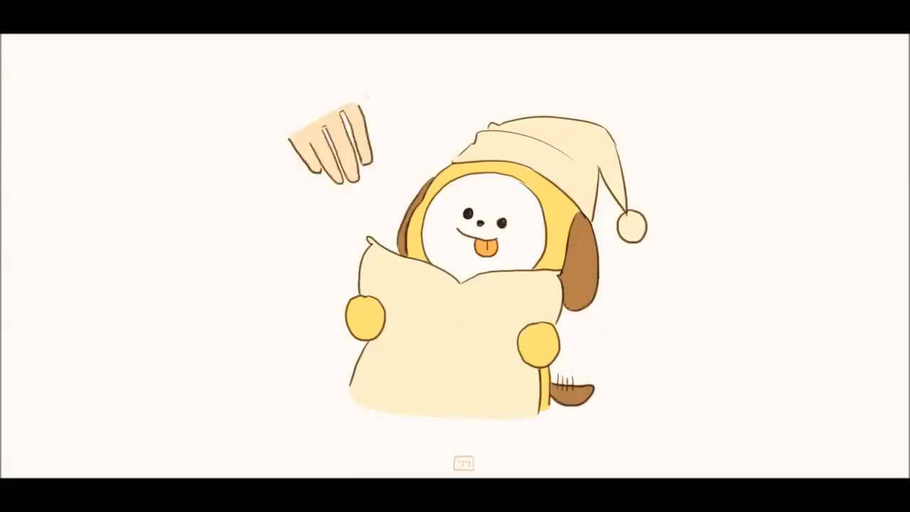 Chimmy 桌布 壁紙 — 一隻可愛的卡通狗穿著黃色睡衣套裝和睡帽，一邊抱著枕頭一邊開心地揮手。
