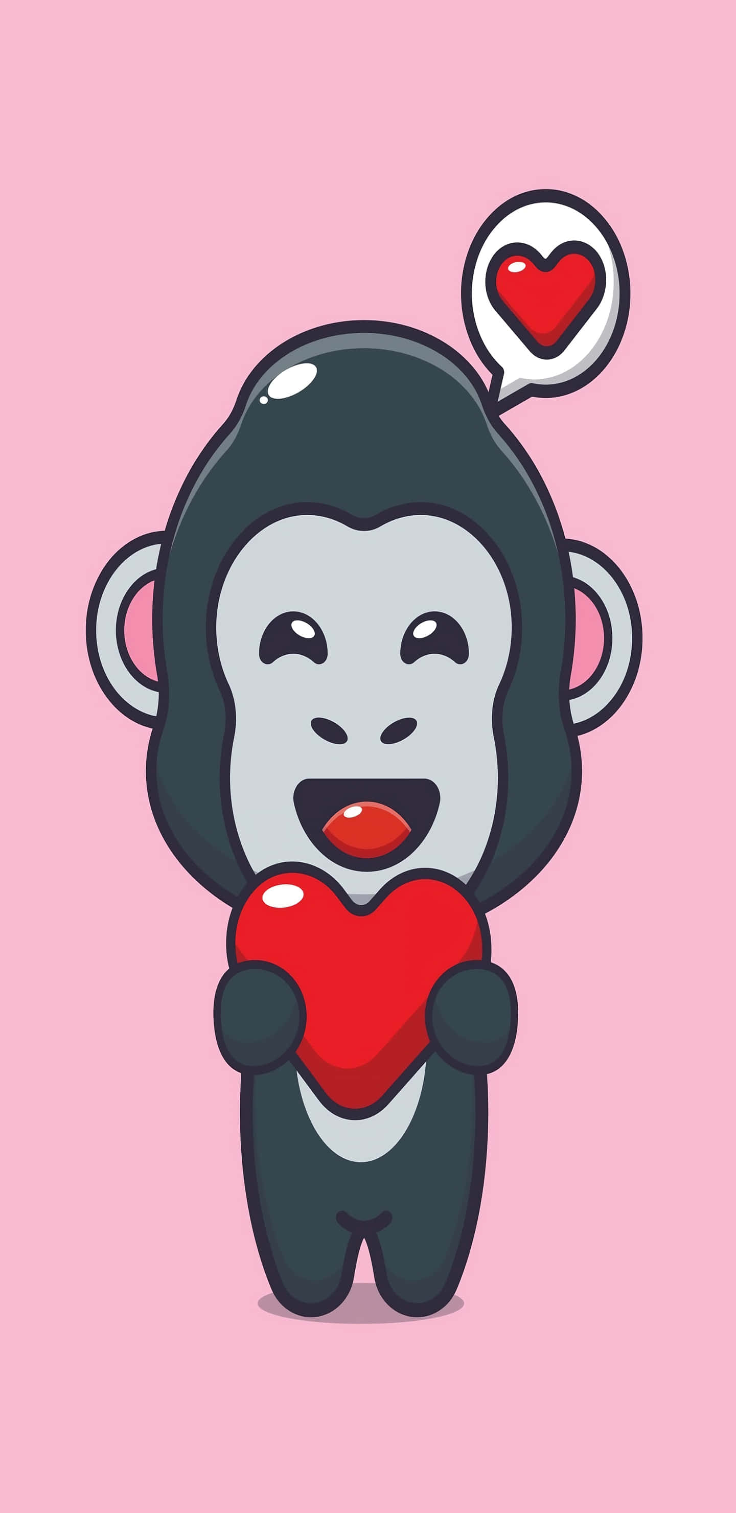 Gorilla 桌布 壁紙 — 一隻可愛的卡通猴子，深色毛髮和粉紅色耳朵，拿著一個紅心，頭上方有一個帶有心形的對話氣泡，背景是柔和的粉紅色。