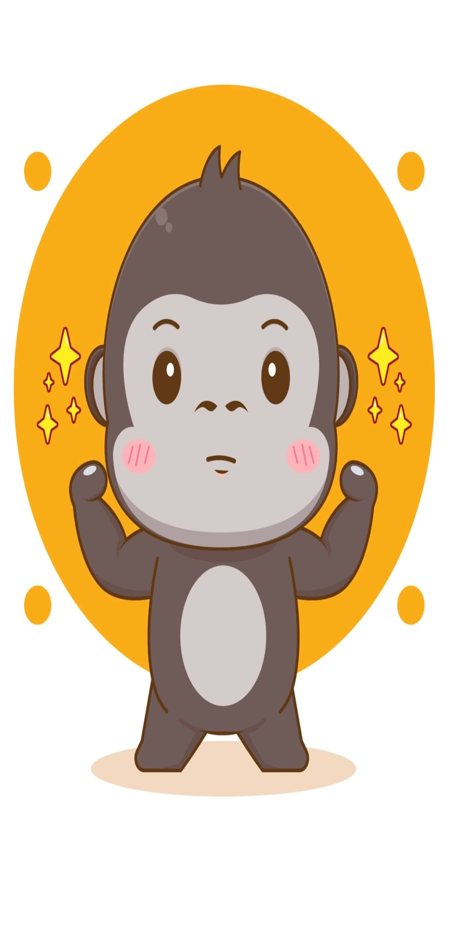 Gorilla 桌布 壁紙 — 一隻可愛的卡通猴子，臉頰紅潤，閃閃發光，驕傲地站在溫暖的橙色圓形背景前。