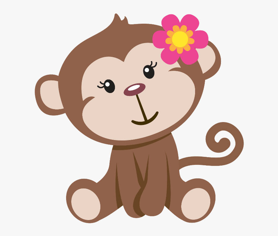 Baby Monkey 桌布 壁紙 — 一隻可愛的卡通猴子，頭上戴著一朵粉紅色的花，閉著一隻眼睛微笑著坐著。