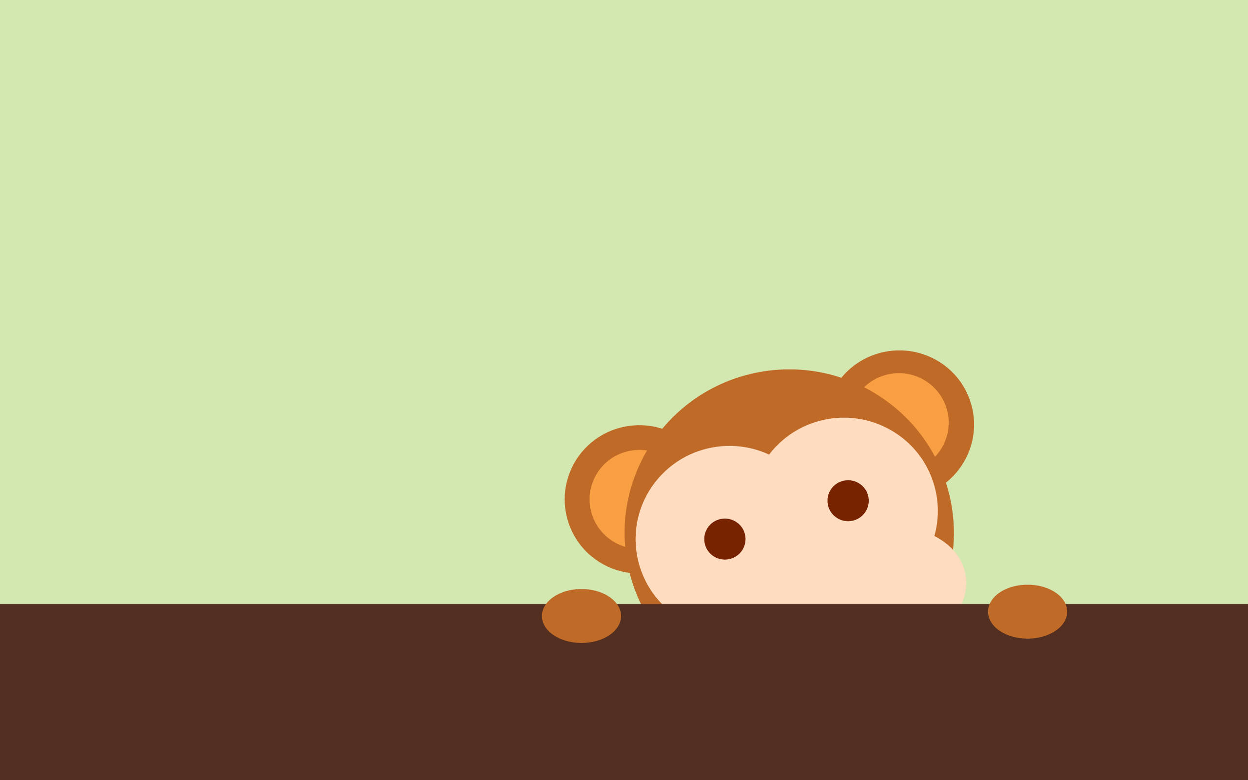 Baby Monkey 桌布 壁紙 — 一隻可愛的卡通猴子在柔和的綠色背景上從棕色壁架上方窺視。