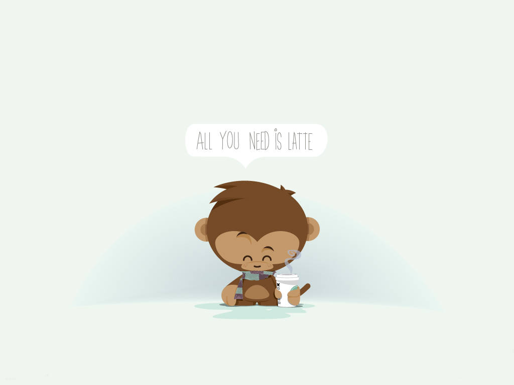 Baby Monkey 桌布 壁紙 — 一隻可愛的卡通猴子拿著一杯冒煙的拿鐵咖啡，對話框寫著「ALL YOU NEED IS LATTE」，背景是柔和的淺綠色。