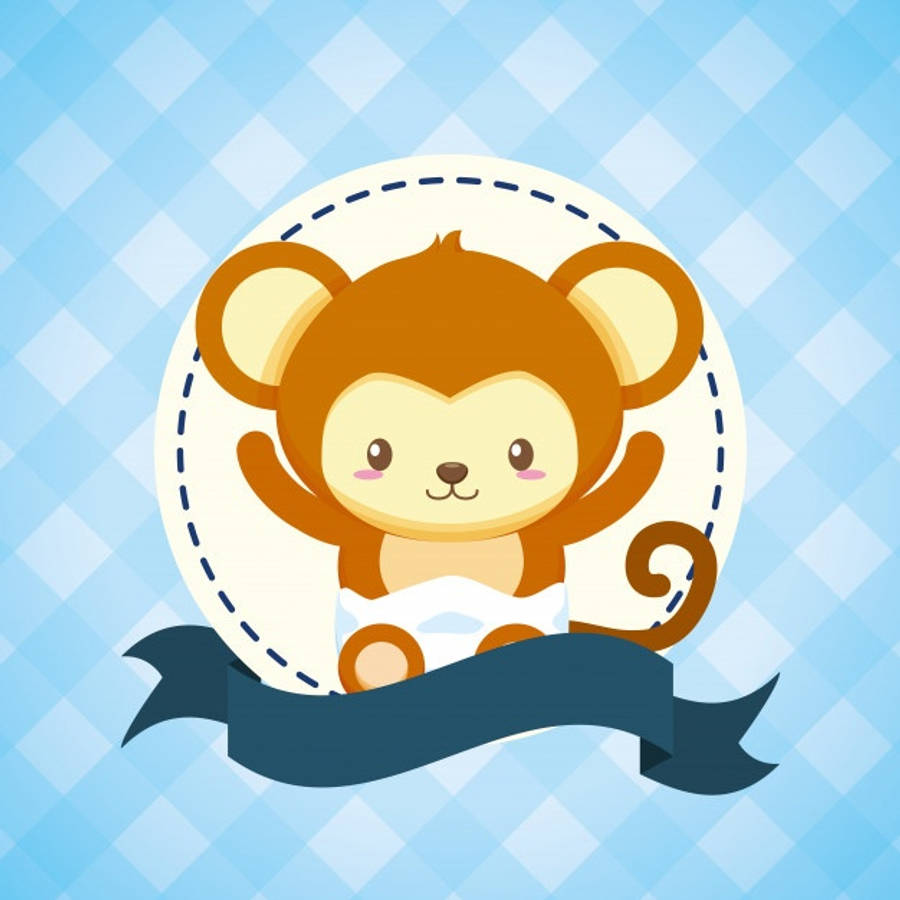 Baby Monkey 桌布 壁紙 — 一隻可愛的卡通猴子穿著尿布，開心地坐在藍色格子背景上的縫合圓圈內。