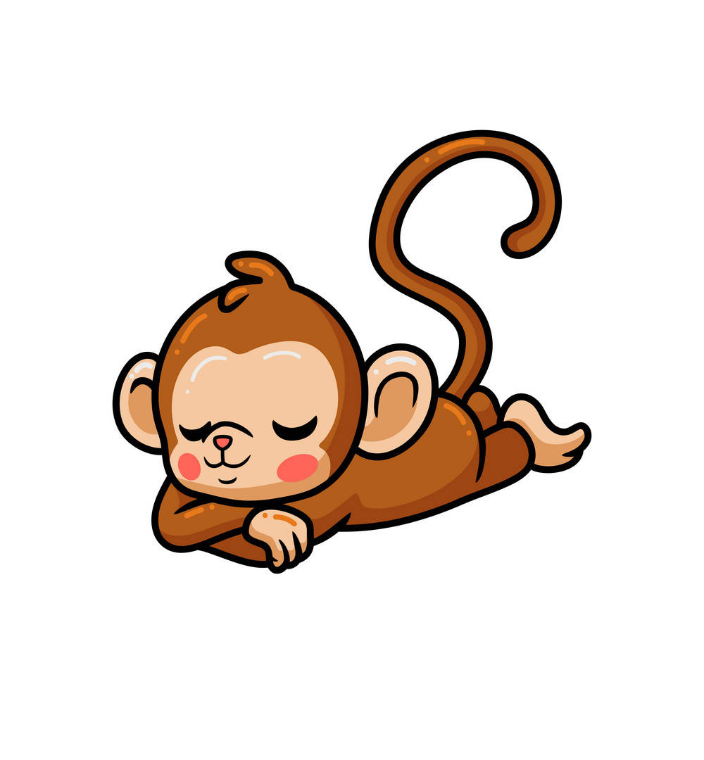 Baby Monkey 桌布 壁紙 — 一隻可愛的卡通猴子閉著眼睛，臉頰紅潤，蜷縮著身體在純白背景上安詳地睡覺。
