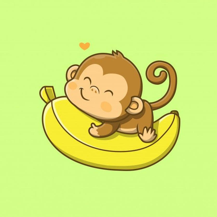 Baby Monkey 桌布 壁紙 — 一隻可愛的卡通猴子閉著眼睛，頭頂上有一顆心，正愉快地躺在淺綠色背景的黃色香蕉上。