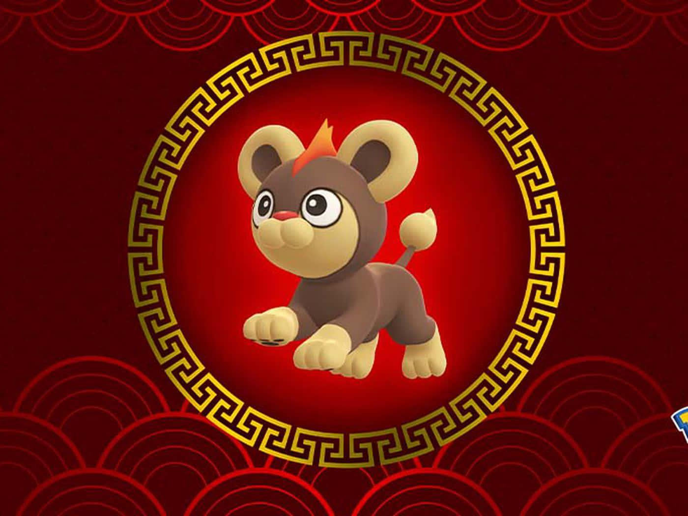 寶可夢 桌布 壁紙 — 一隻可愛的卡通獅子幼崽，頭頂有一撮紅毛，坐在一個金色希臘鑰匙圓圈內，背景是帶有波浪圖案的深紅色。