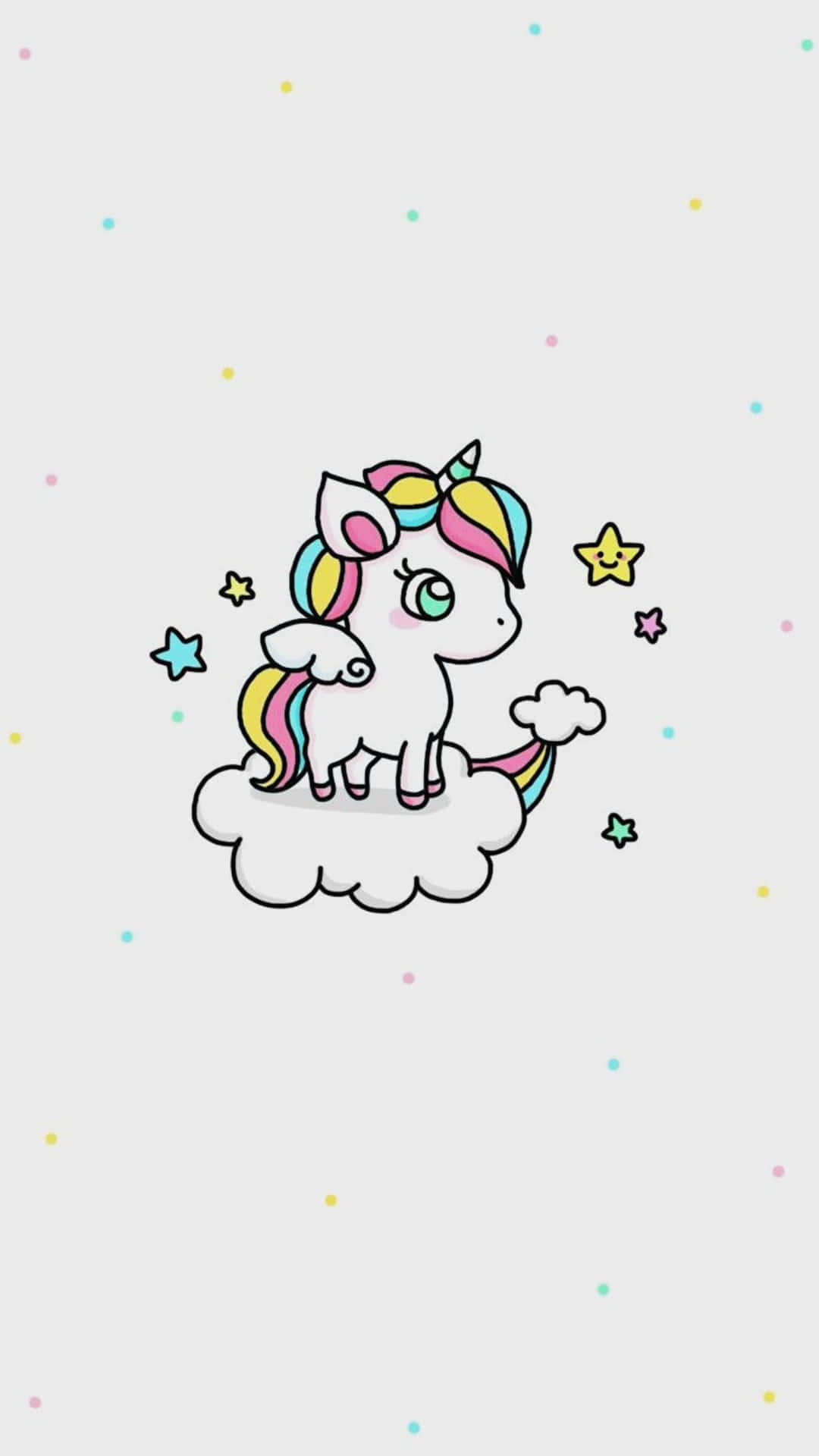 Cute Unicorn 桌布 壁紙 — 一隻可愛的卡通獨角獸，擁有彩虹色的鬃毛和尾巴，站在雲朵上，周圍環繞著微笑的星星和粉彩點點。