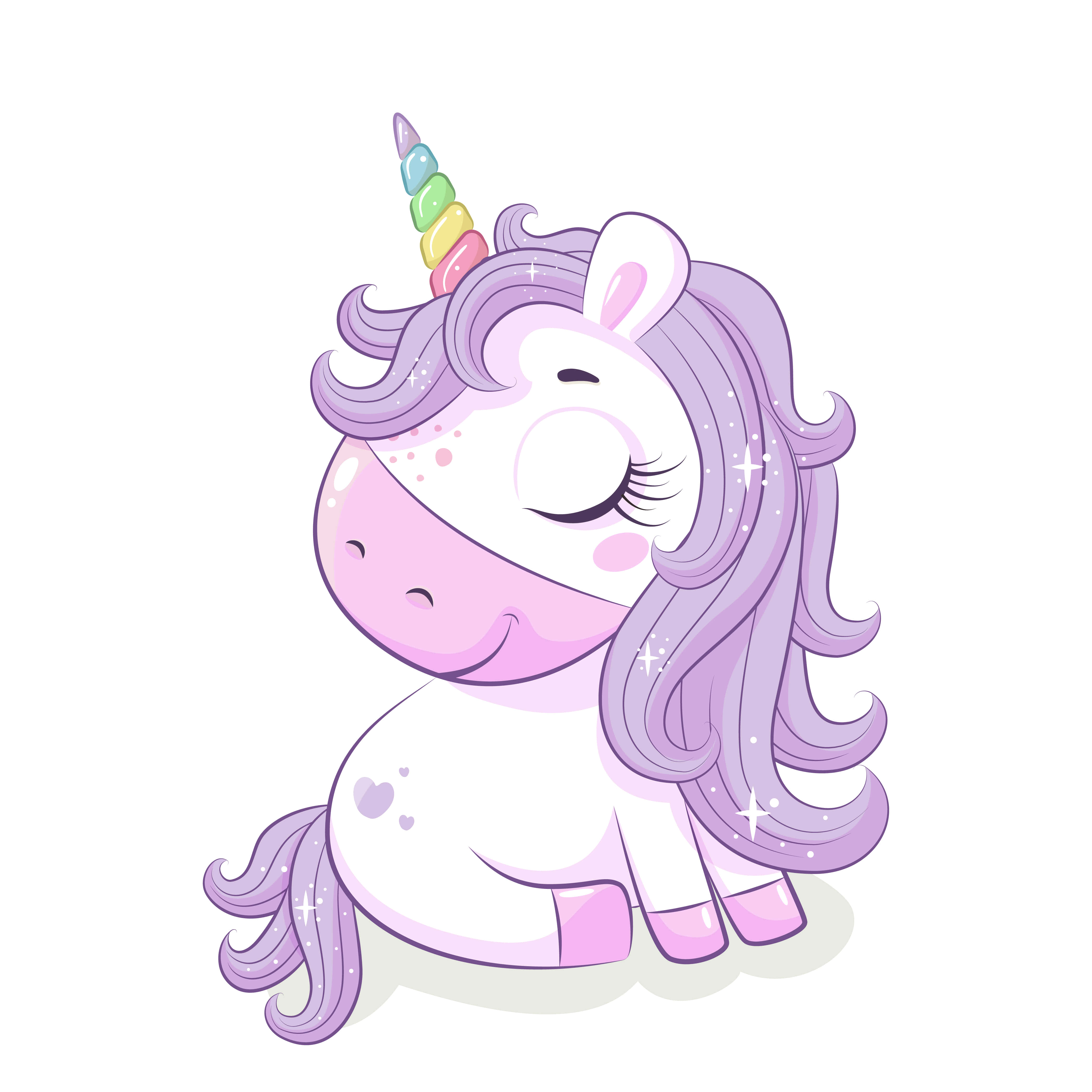 Magical Unicorn 桌布 壁紙 — 一隻可愛的卡通獨角獸，擁有彩虹角和紫色鬃毛，閉著眼睛，周圍閃爍著光芒，安詳地睡著。