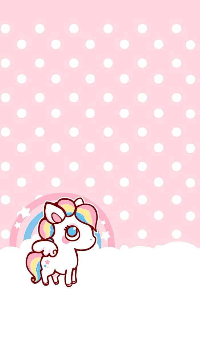 Cute Cartoon 桌布 壁紙 — 一隻可愛的卡通獨角獸，擁有彩虹鬃毛，站在雲朵上，背景是粉紅色圓點圖案。