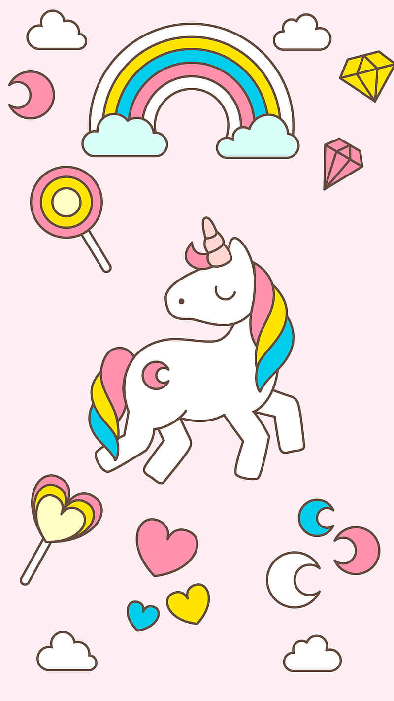 Pastel Unicorn 桌布 壁紙 — 一隻可愛的卡通獨角獸，擁有彩虹鬃毛和尾巴，在色彩繽紛的彩虹下漂浮在雲朵、棒棒糖、心形和寶石之間。