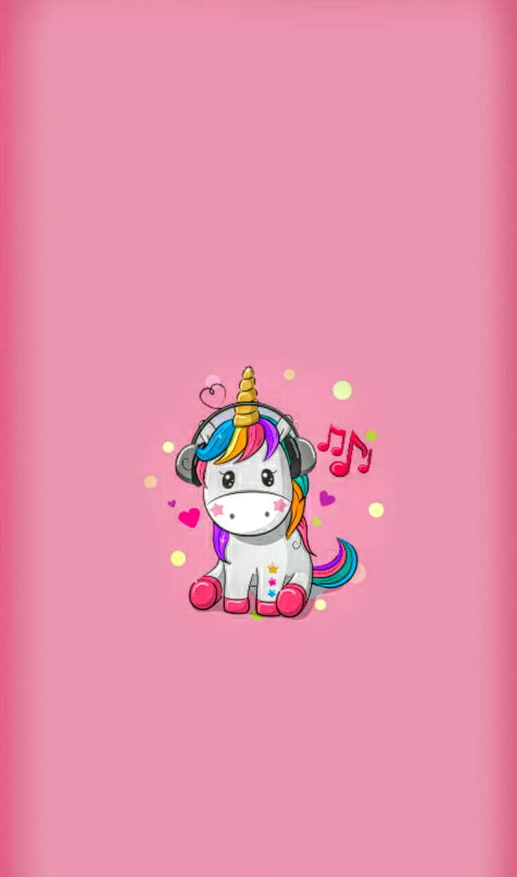 Cute Unicorn 桌布 壁紙 — 一隻可愛的卡通獨角獸，擁有彩虹鬃毛和耳機，坐在純粉紅色背景上，周圍環繞著音符和愛心。