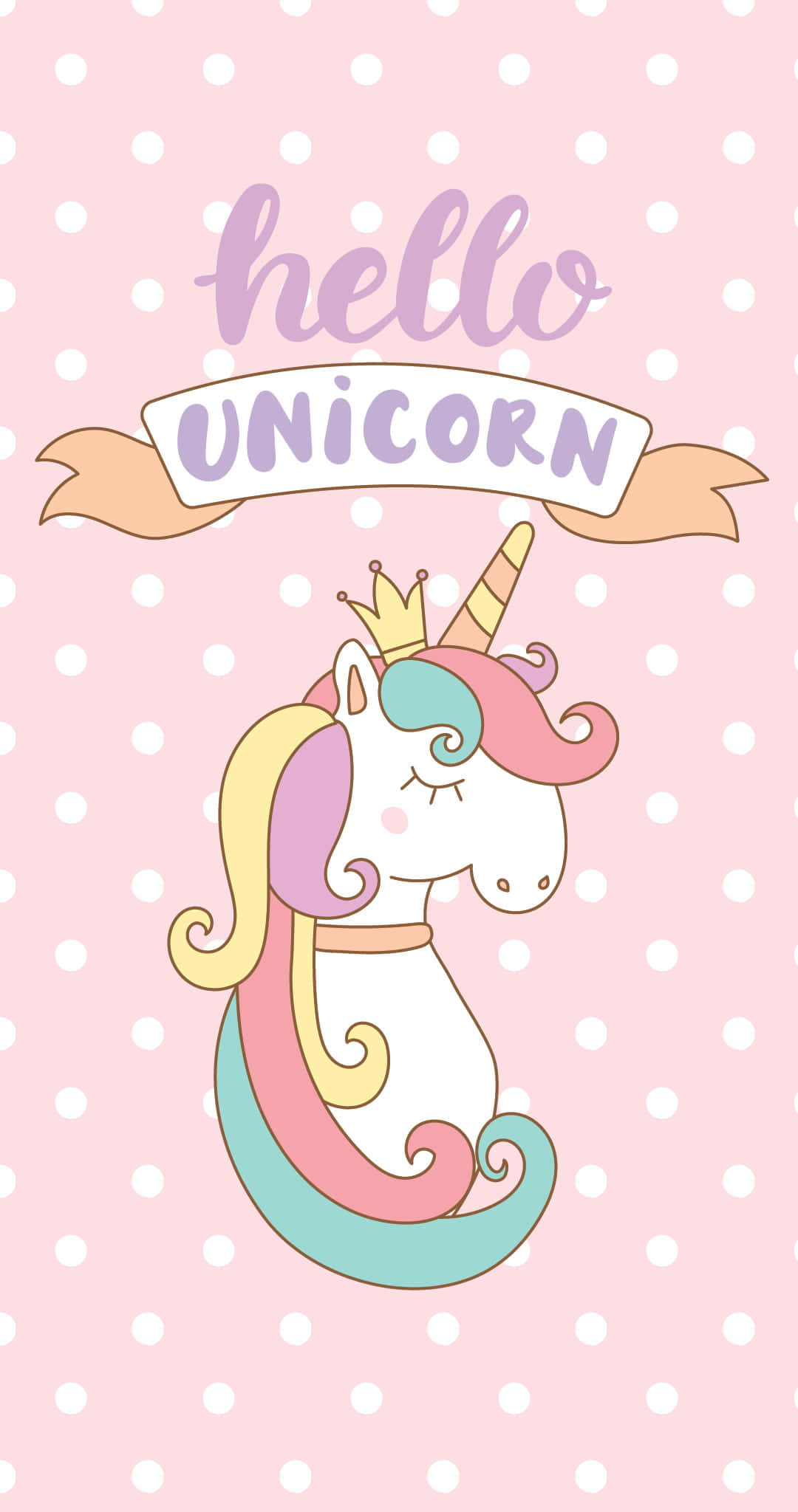 Cute Unicorn 桌布 壁紙 — 一隻可愛的卡通獨角獸，擁有彩虹鬃毛和皇冠，在粉紅色圓點背景上的「hello unicorn」橫幅下微笑。