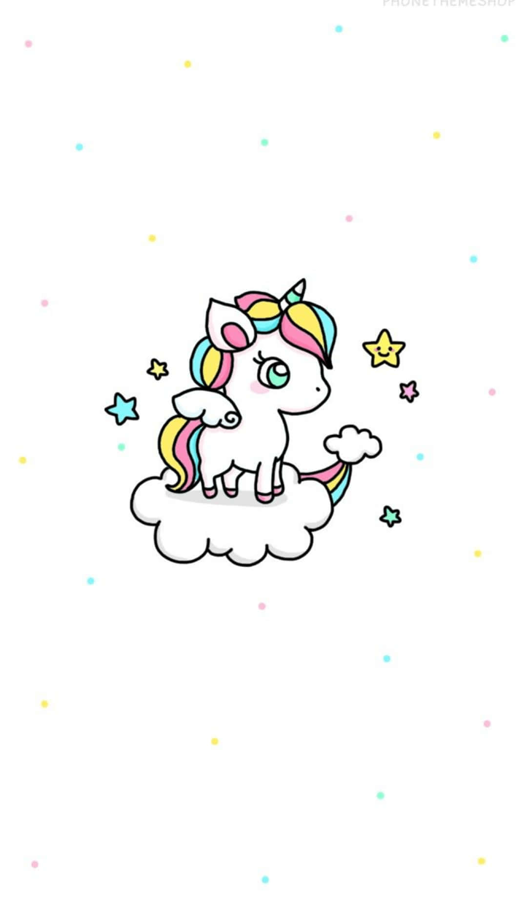 可愛 桌布 壁紙 — 一隻可愛的卡通獨角獸，擁有彩虹鬃毛和尾巴，站在一朵蓬鬆的雲上，周圍環繞著微笑的星星和粉彩圓點。