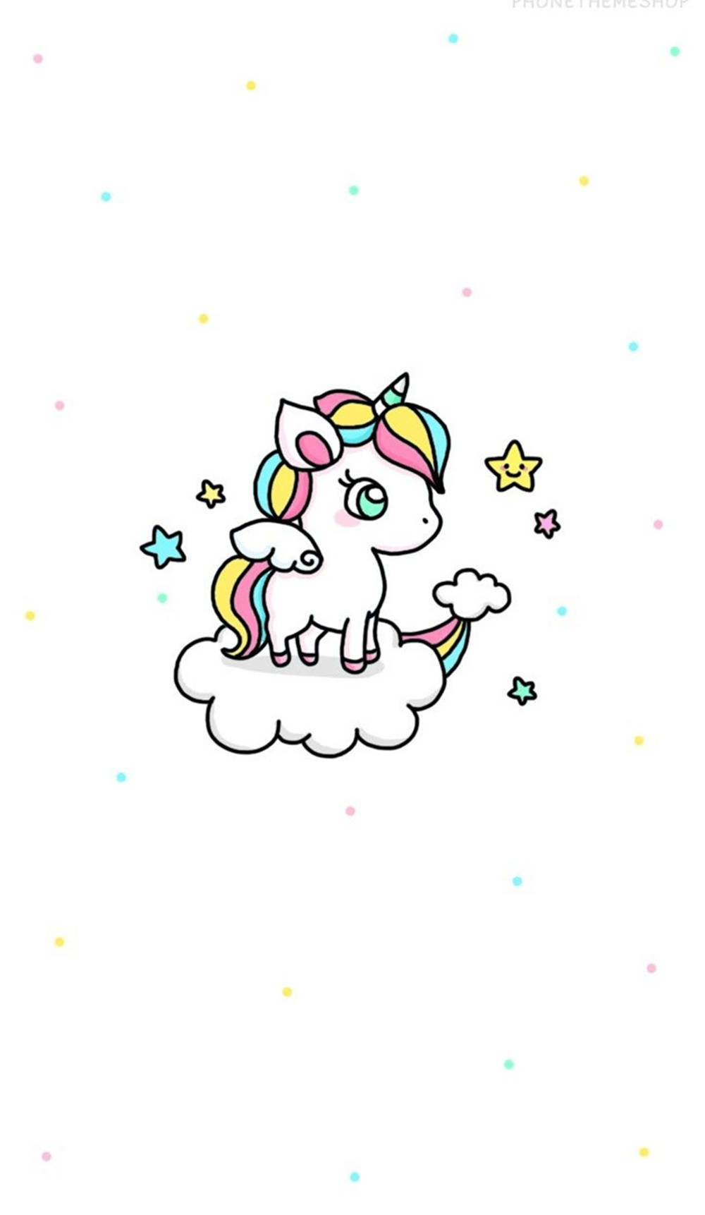 Cute Kawaii Aesthetic 桌布 壁紙 — 一隻可愛的卡通獨角獸，擁有彩虹鬃毛和尾巴，站在一朵蓬鬆的雲上，周圍環繞著微笑的星星和粉彩點點。
