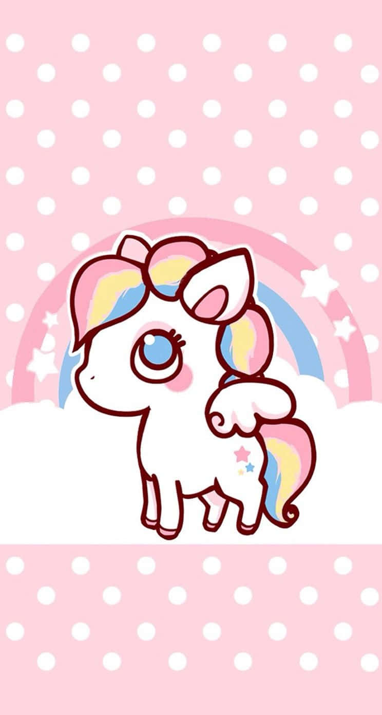 Pastel Unicorn 桌布 壁紙 — 一隻可愛的卡通獨角獸，擁有彩虹鬃毛和尾巴，站在粉紅色圓點背景上的柔和彩虹和星星前。