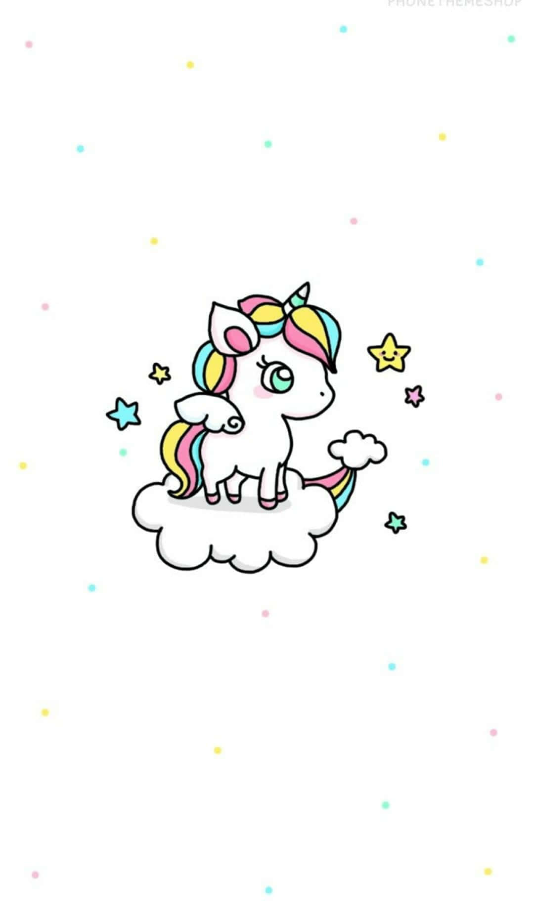 獨角獸 桌布 壁紙 — 一隻可愛的卡通獨角獸，擁有彩虹鬃毛和尾巴，站在一朵蓬鬆的雲上，周圍是微笑的星星和粉彩點點。