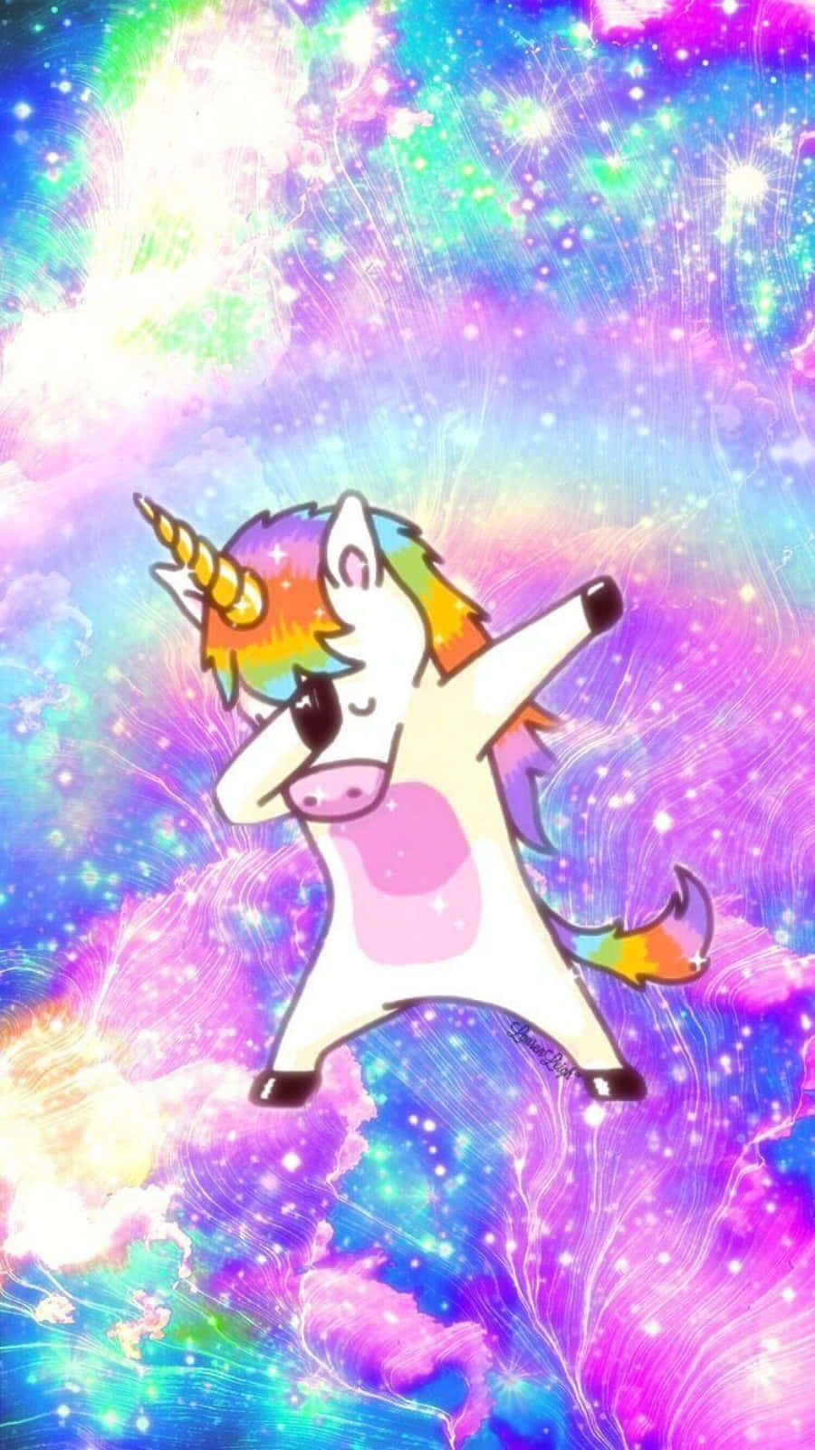 彩虹獨角獸 桌布 壁紙 — 一隻可愛的卡通獨角獸，擁有彩虹鬃毛和角，在閃爍的宇宙銀河背景下跳著 dab 舞。