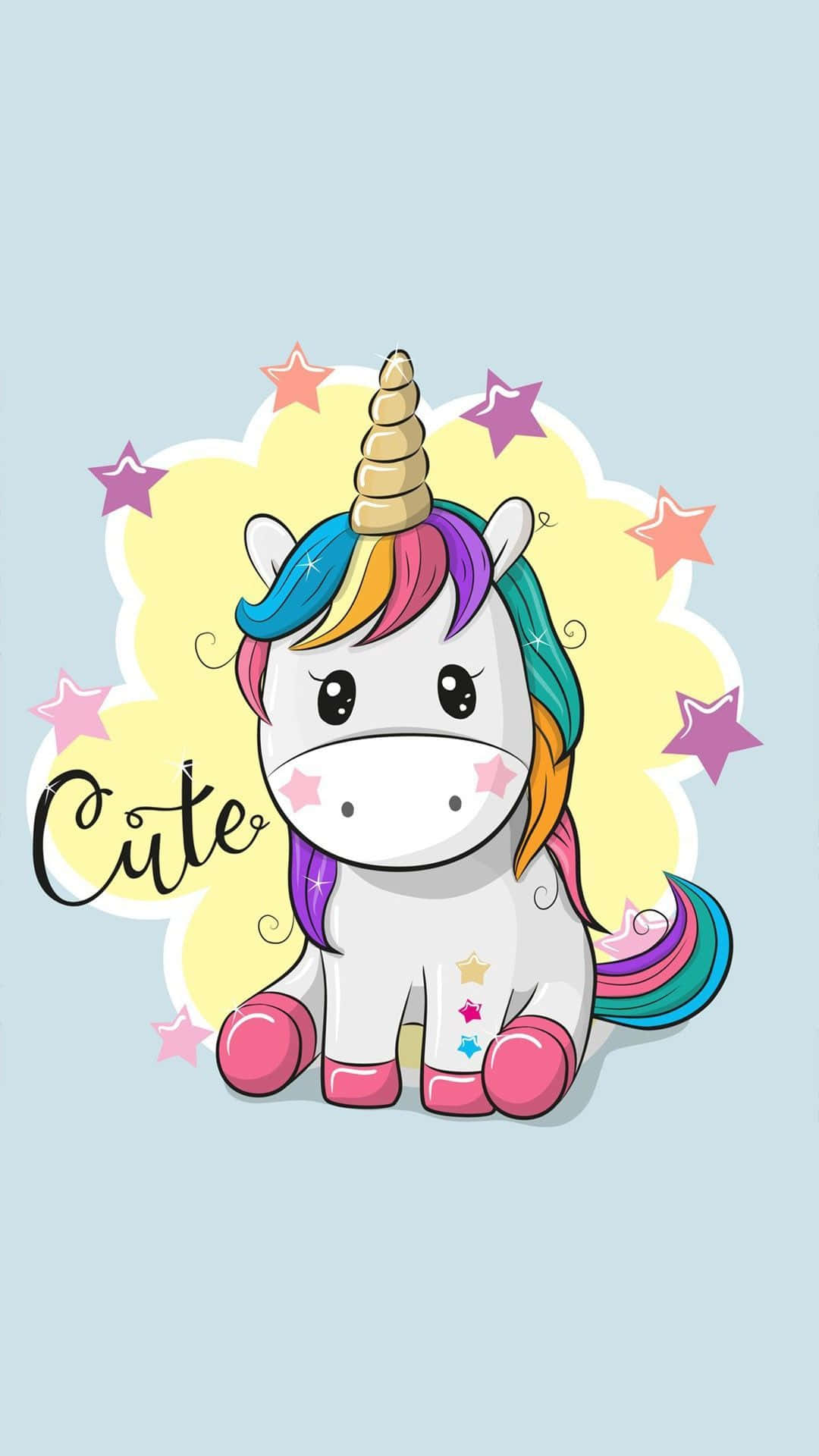 Cartoon Unicorn 桌布 壁紙 — 一隻可愛的卡通獨角獸，擁有彩虹鬃毛和粉紅色蹄子，坐在柔和的藍色背景上，周圍環繞著色彩繽紛的星星。
