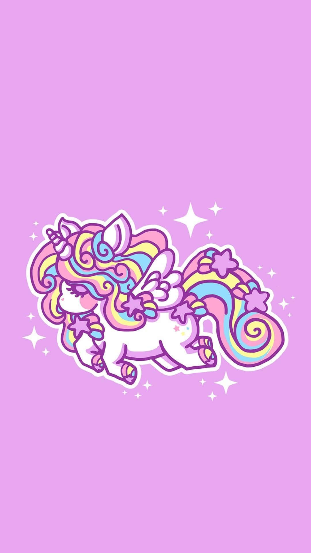 Kawaii Unicorn 桌布 壁紙 — 一隻可愛的卡通獨角獸，擁有彩虹鬃毛和尾巴以及星星裝飾，漂浮在純粉色背景上。