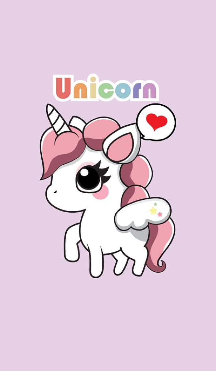 Cute Unicorn 桌布 壁紙 — 一隻可愛的卡通獨角獸，擁有粉紅色鬃毛和角，站在柔和的薰衣草背景前，帶有愛心對話氣泡。